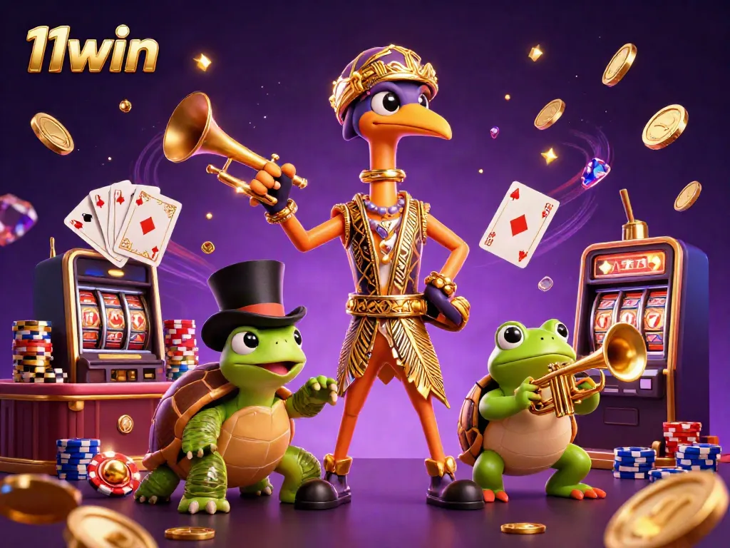Experience the thrill of 11win with a vibrant casino scene filled with characters, coins, and games.