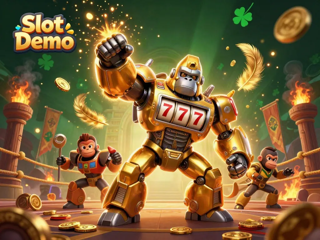 Experience exciting Slot Demo action with a dynamic golden gorilla mech and enchanting game elements.
