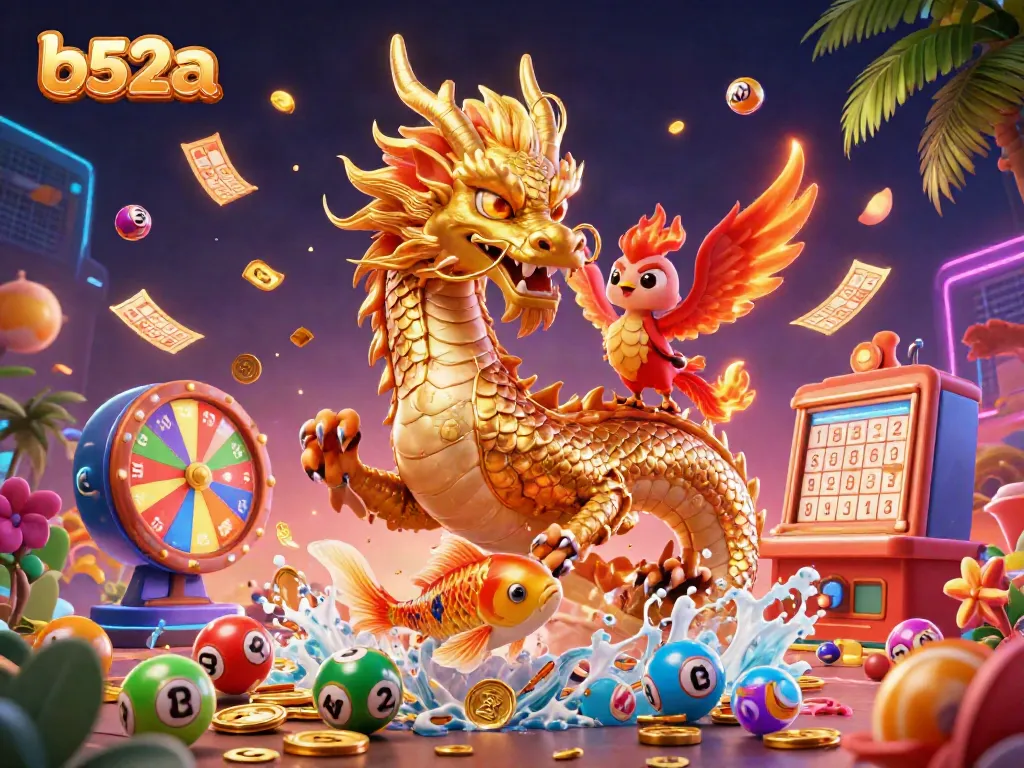 Win big at b52a with colorful lottery elements and mythic creatures in a vibrant casino scene.