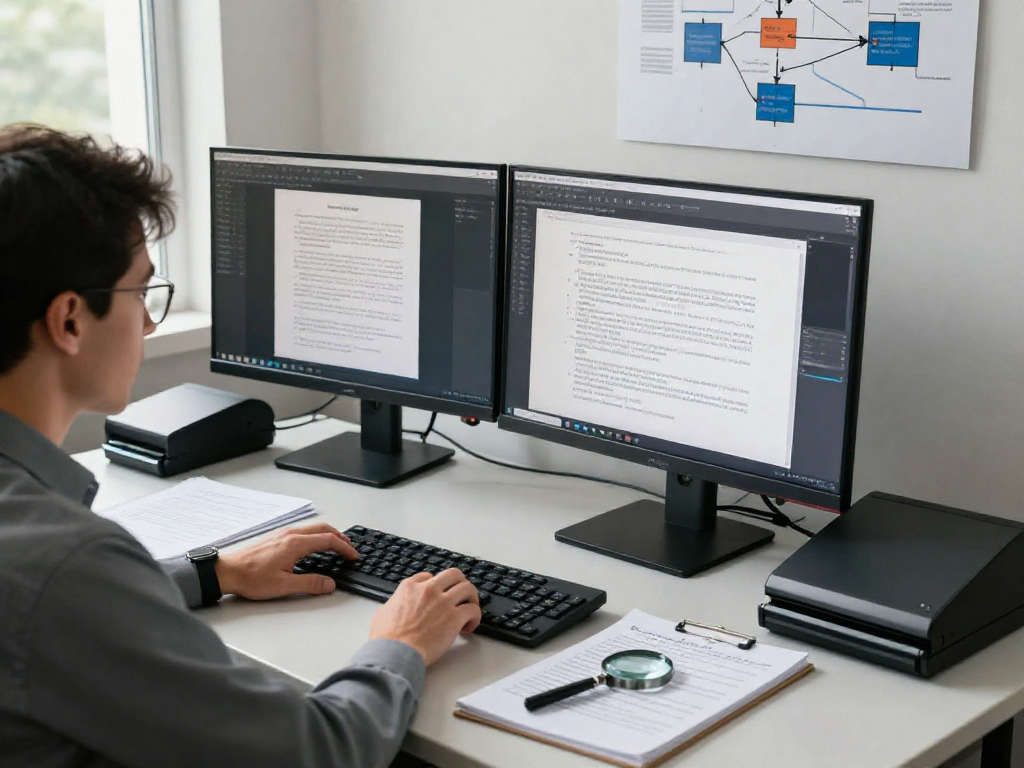 Document fraud detection analysis in a high-tech workspace with monitors, legal documents, and advanced software.