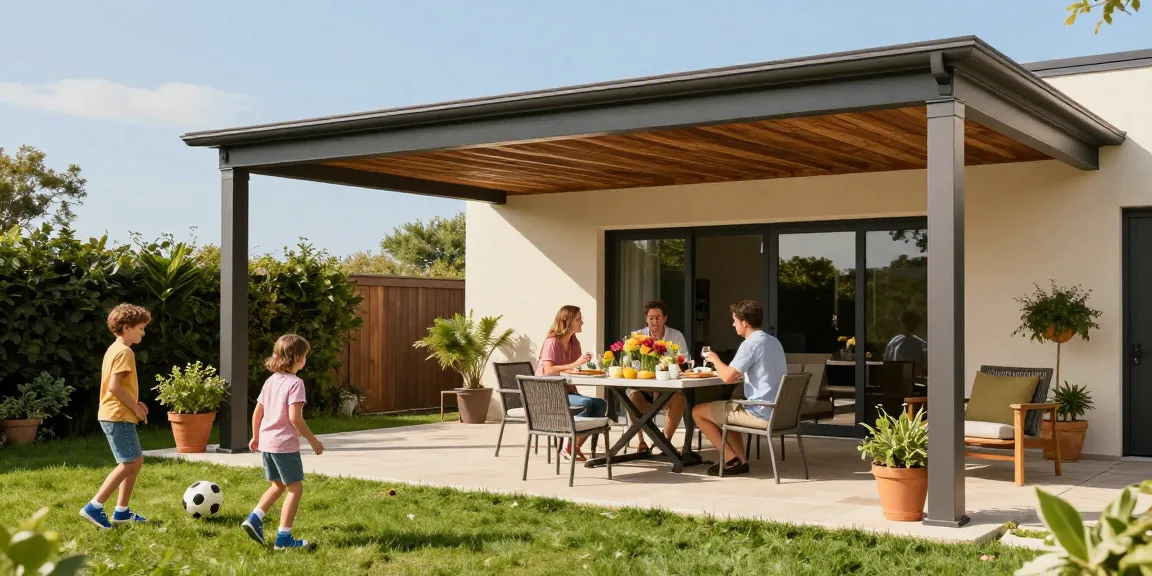 Moderne Terrassenüberdachung mit Familie bei sonnigem Wetter