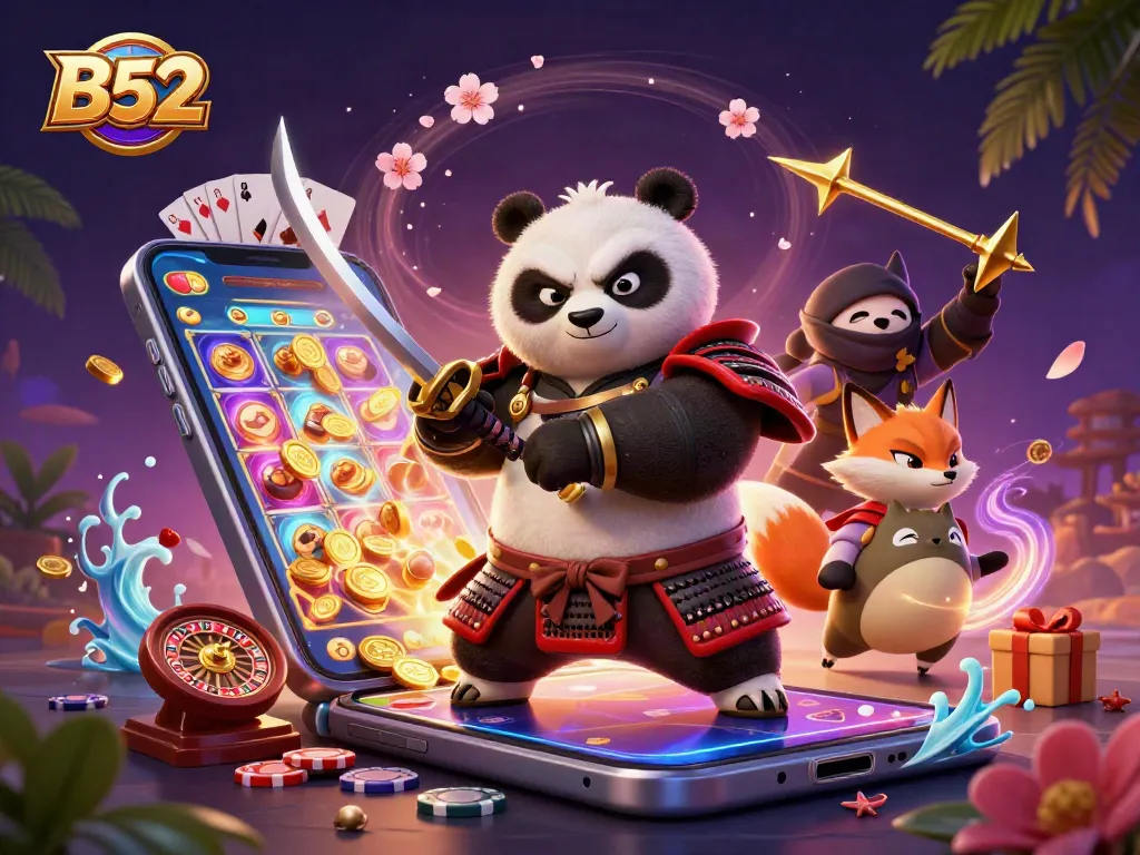 B52 slot game action scene with a samurai panda and ninja fox, featuring vibrant casino elements.