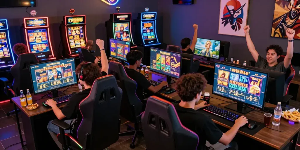 Engaged players enjoying a vibrant slot88 gaming experience in a modern lounge.