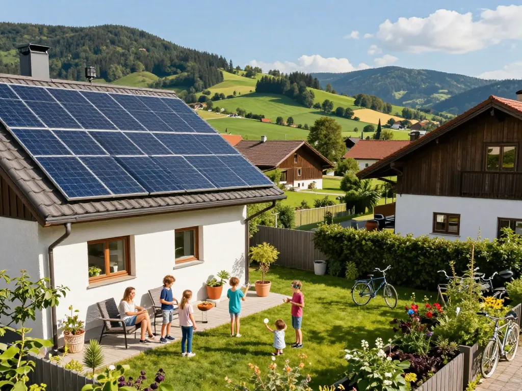 Photovoltaik Bayern Gemeinschaft mit Solarpanelen und Familien, die umweltfreundliches Leben im Freien genießen
