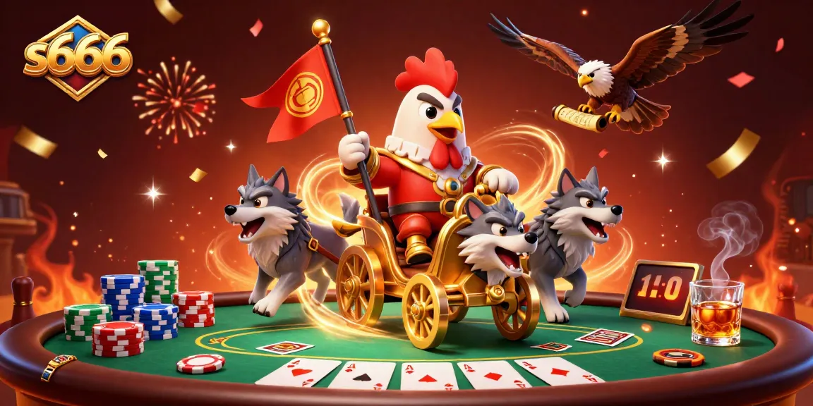 Engage with the glory of s666 as the rooster warlord leads in a vibrant casino scene.