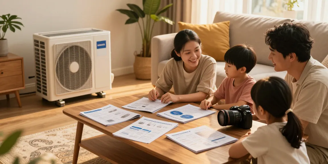 Wärmepumpe kaufen and family discussing energy efficiency options in a cozy living room.