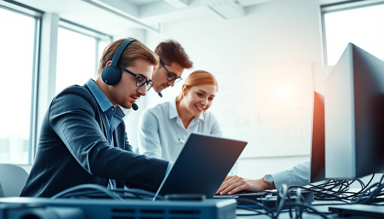 IT Support Spezialisten beraten in einem modernen Buero ueber technische Loesungen.