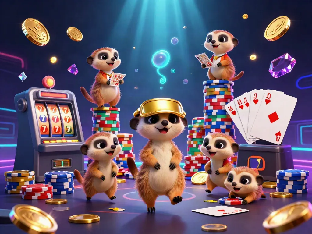 Experience thrilling slot action with cheerful meerkats in a vibrant casino scene filled with sparkling chips.