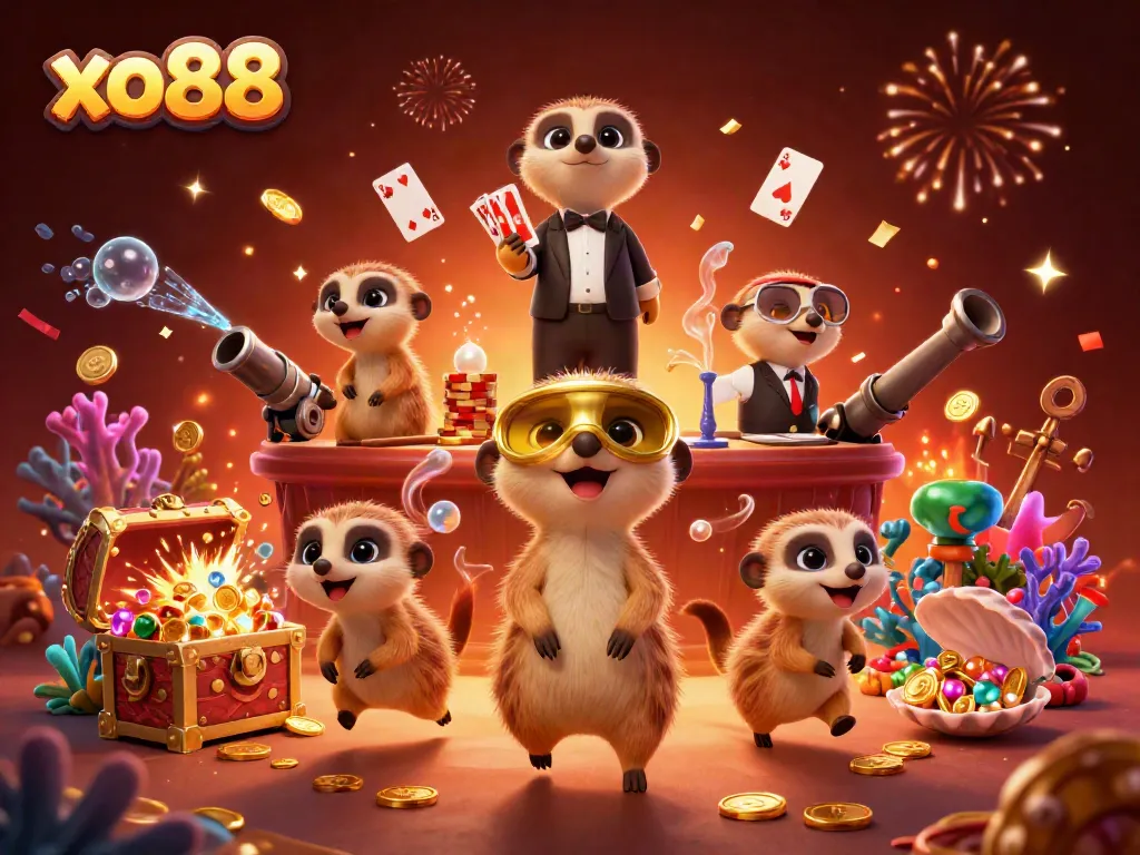 Experience excitement at xo88 with meerkats managing a vibrant casino scene filled with treasures.