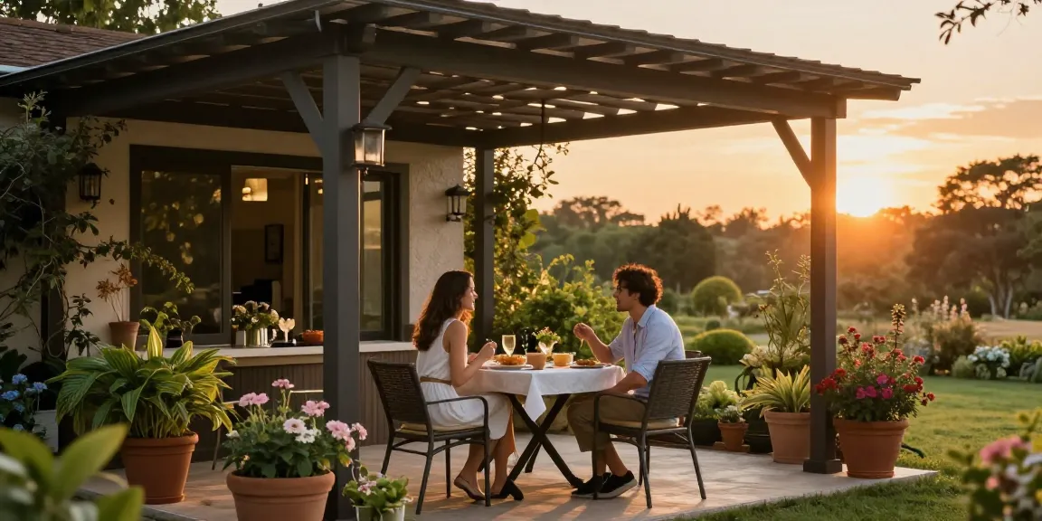 Freistehende Terrassenüberdachung im Garten mit Paar, das entspannt den Abend genießt.