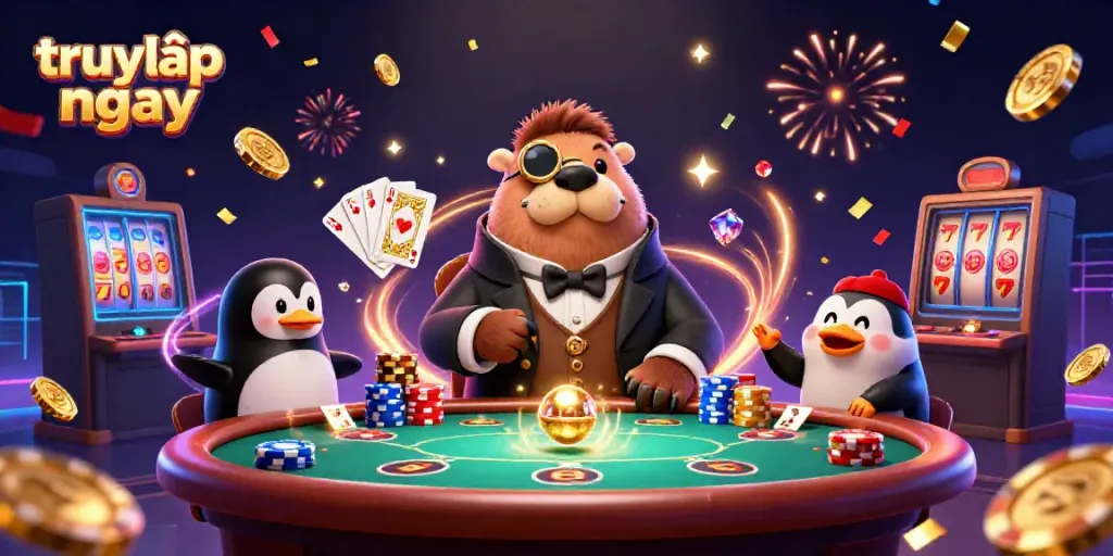 Experience the thrill of gambling with "truy cập ngay" in an underwater poker setting featuring cartoon characters.