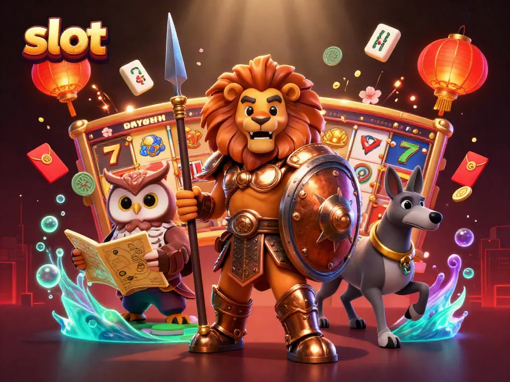 Spin the slot reels with vibrant symbols in a heroic 3D casino scene featuring rich, colorful elements.