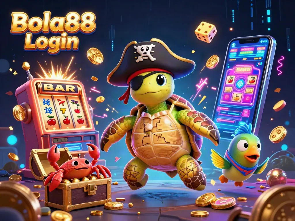 Bola88 Login showcases a 3D pirate turtle beside treasures and a dynamic casino backdrop.