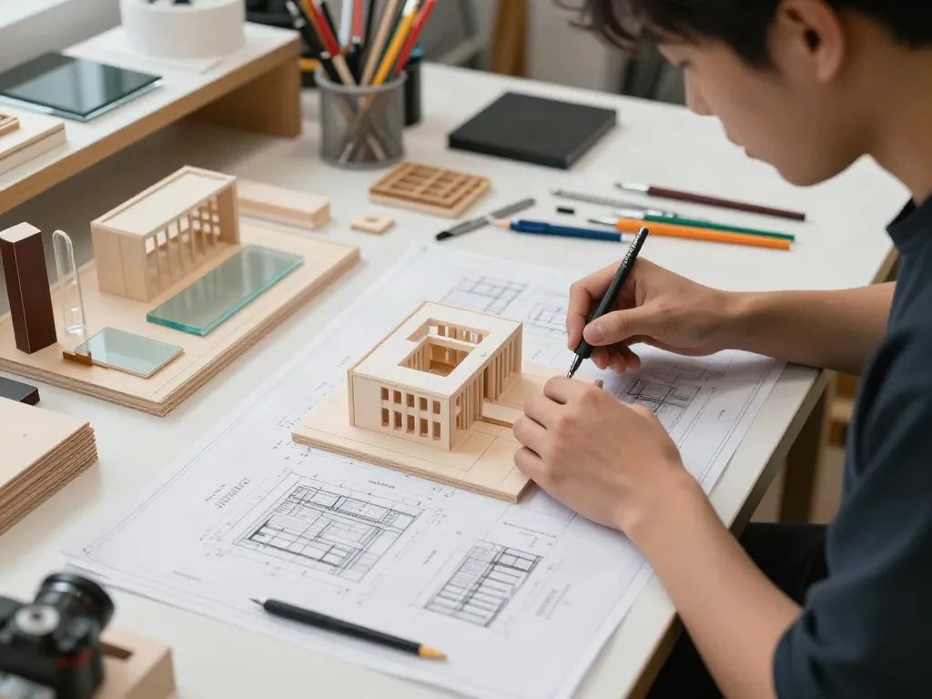 Modellbauer Aschaffenburg arbeitet präzise an Architekturmodellen in seiner Werkstatt.