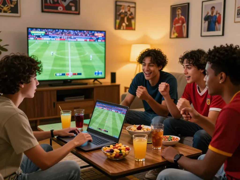 Excited friends enjoying Judi Bola betting during a live football match with snacks and drinks.