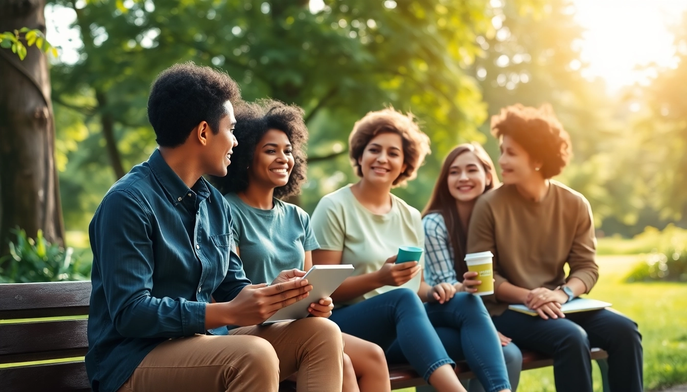 Engaging scene showcasing mental health awareness conversations among friends in a park.