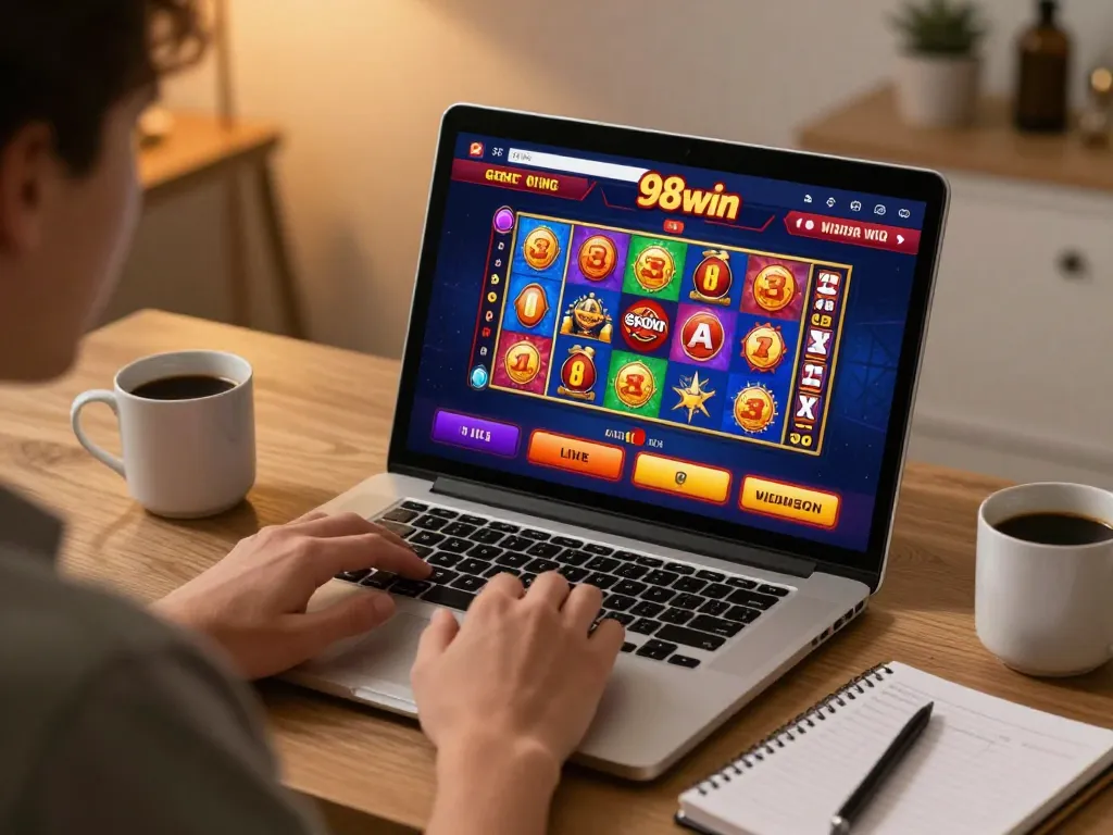 Engaging gameplay at 98win online casino with vibrant slot machines and cozy home setting.