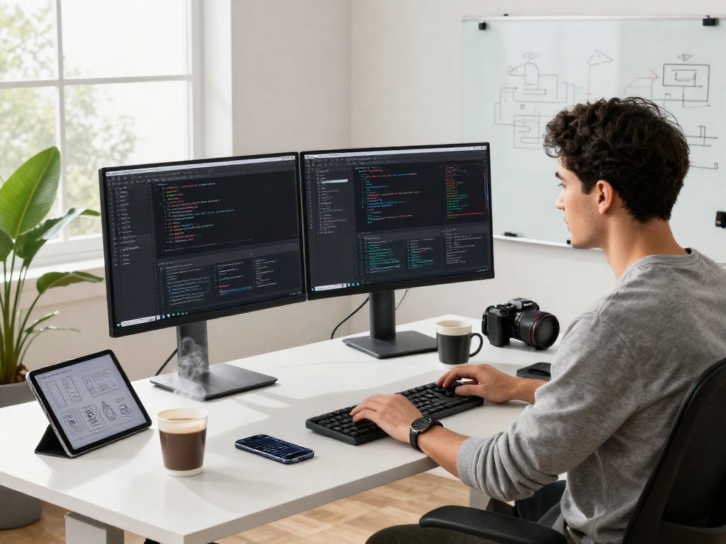 Innovative workspace for app development at http://debet-app.com with coder, tech tools, and natural lighting