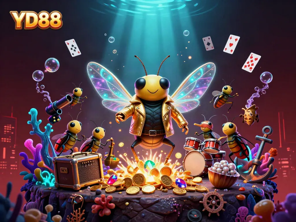 YD88: Captivating casino scene with a rock star cicada and backing band amid treasure and gaming elements.