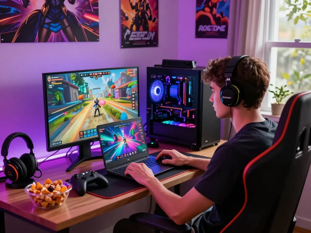 Engaging young adult male playing an online porn game in a cozy gaming setup.