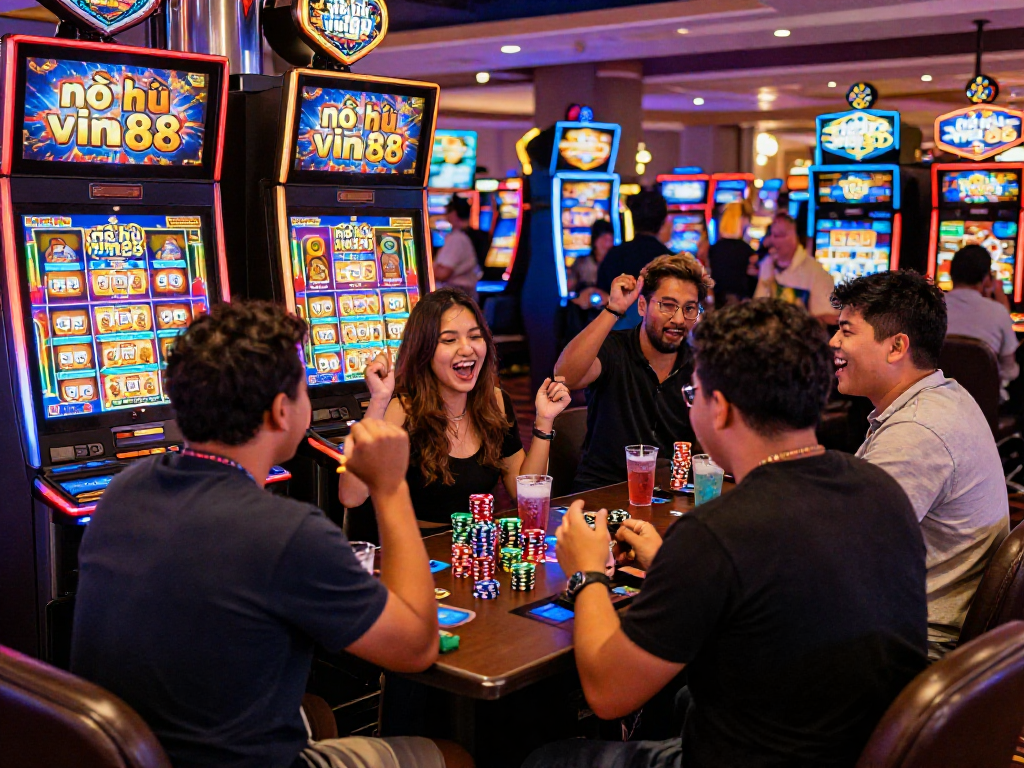 Exciting casino scene featuring players around the nổ hũ vin88 slot machine, vibrant lights and atmosphere