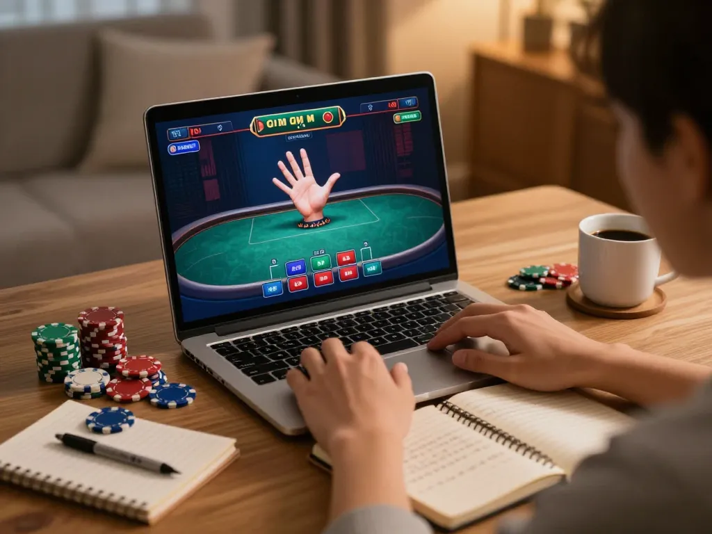 Engaging in poker gameplay on the trang chủ lc88 online platform from a cozy home office environment