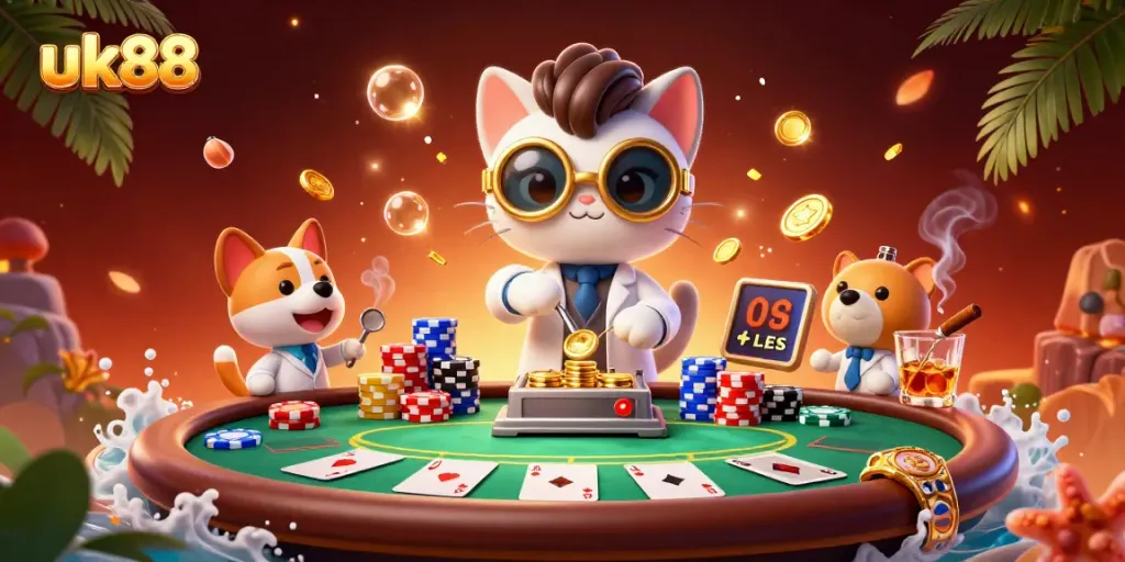 Experience thrilling gameplay at uk88 with a 3D casino scene featuring a mad scientist cat and rich poker elements.
