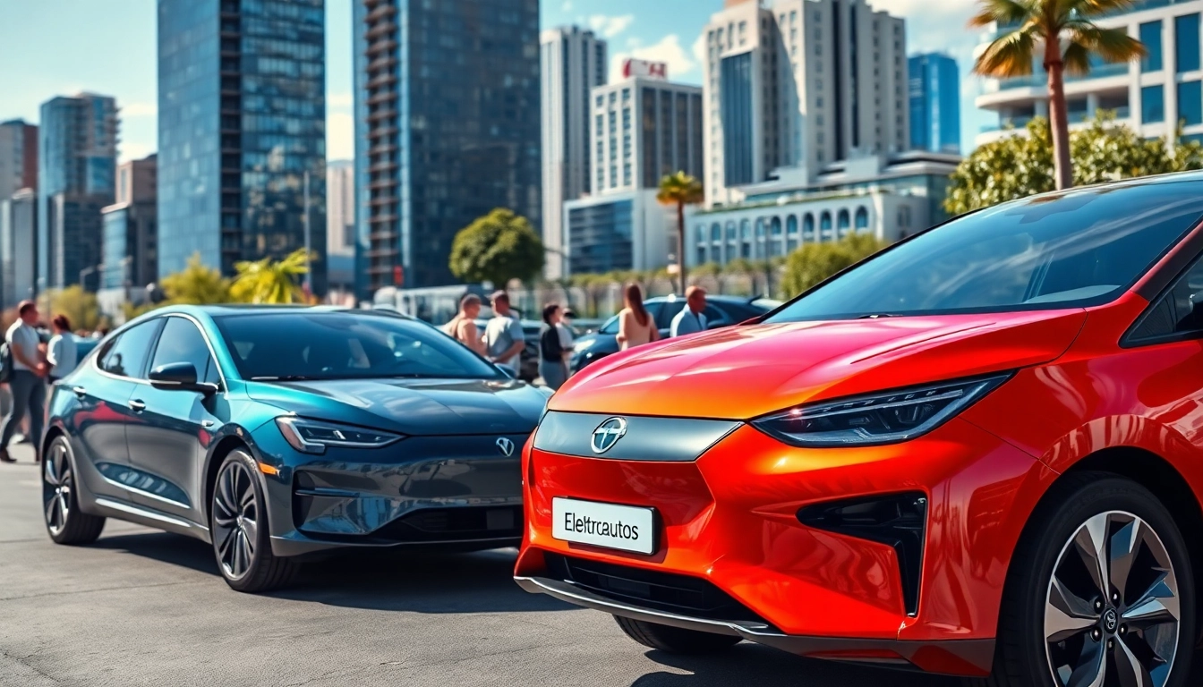 Die Zukunft der Elektroautos mit modernen Fahrzeugen in einer urbanen Umgebung vorstellen.