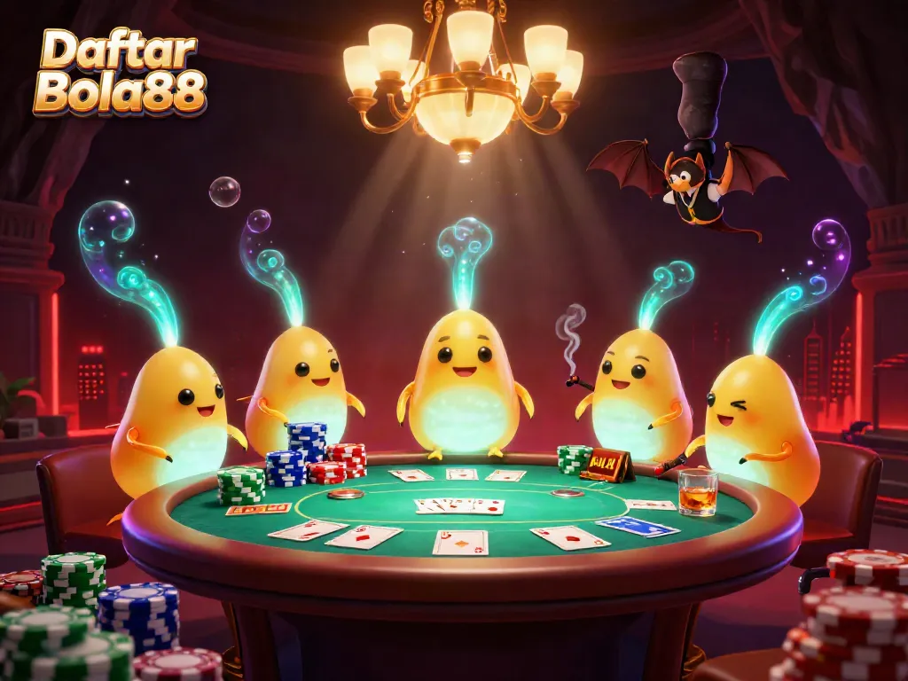 Experience the excitement of Daftar Bola88 with glowing casino elements, poker chips, and bioluminescent characters.