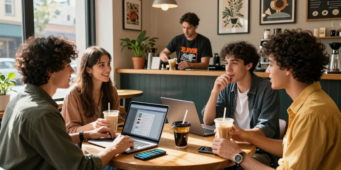 Friends enjoying coffee and discussing rokok88 app designs in an urban cafe.
