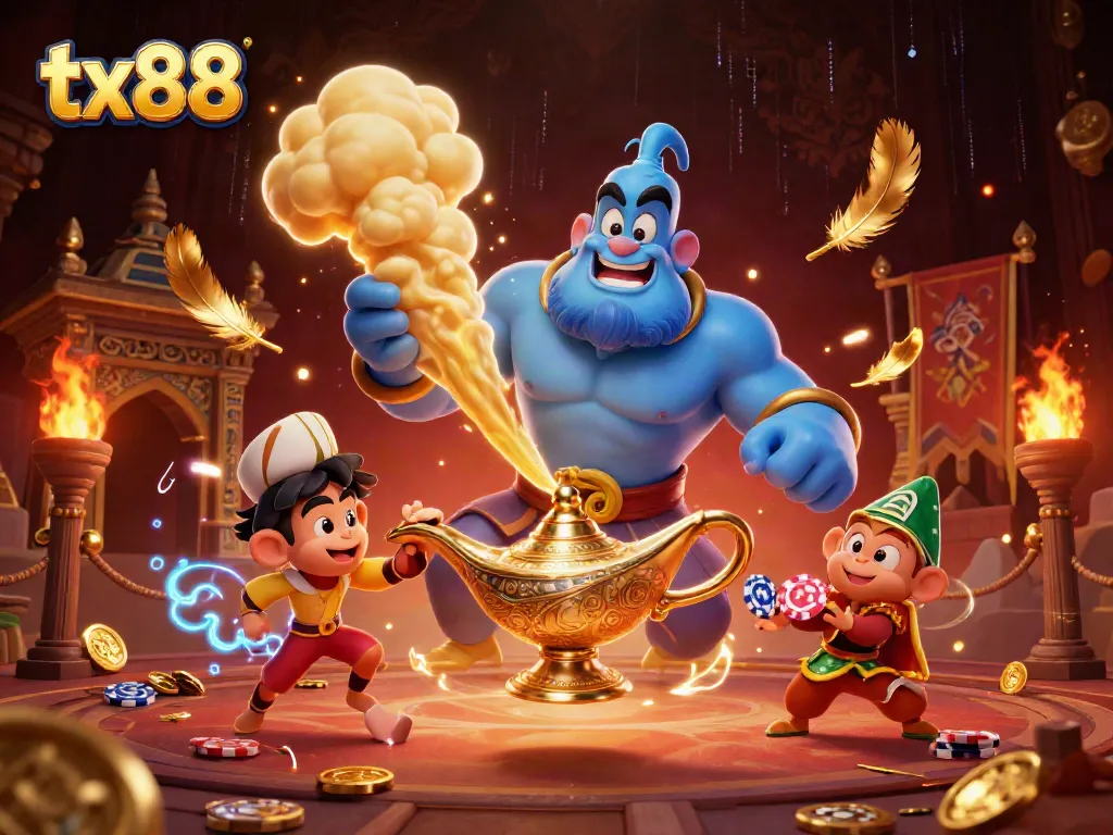 Engage with thrilling tx88 casino action featuring a muscular genie, poker chips, and rich casino elements.