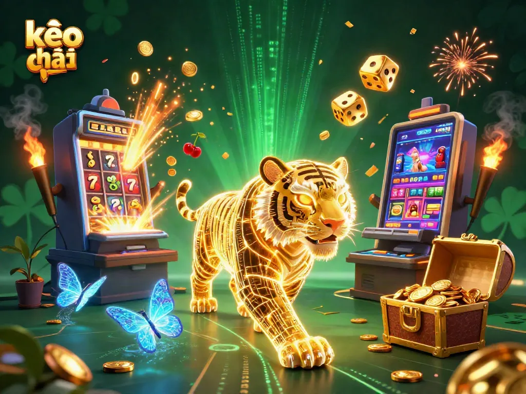 Engage in the excitement of kèo nhà cái with a vibrant digital casino scene featuring a neon tiger and jackpot elements.