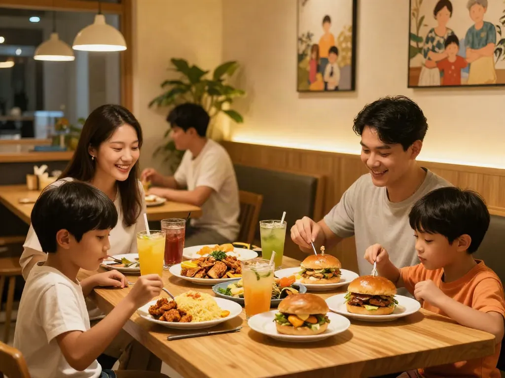 Family enjoying delicious meals at ROKOK88 restaurant, capturing joyful dining experience.