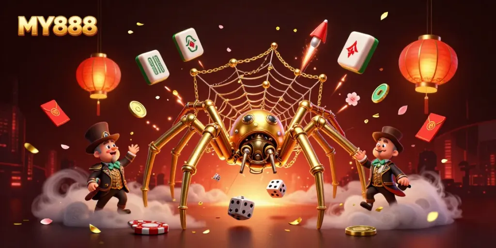 Engaging MY888 fun with a golden spider and Victorian fly in a colorful casino atmosphere.