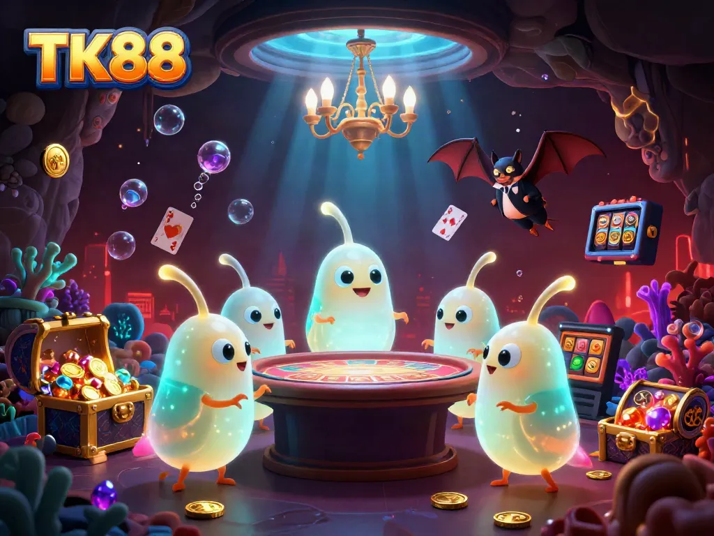 Experience the vibrant TK88 casino scene lit by glowing glowworms, featuring thrilling games and rich underwater treasures.