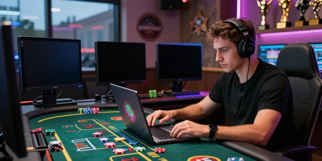 Player enjoying fc88 live casino game on modern laptop with vibrant graphics.