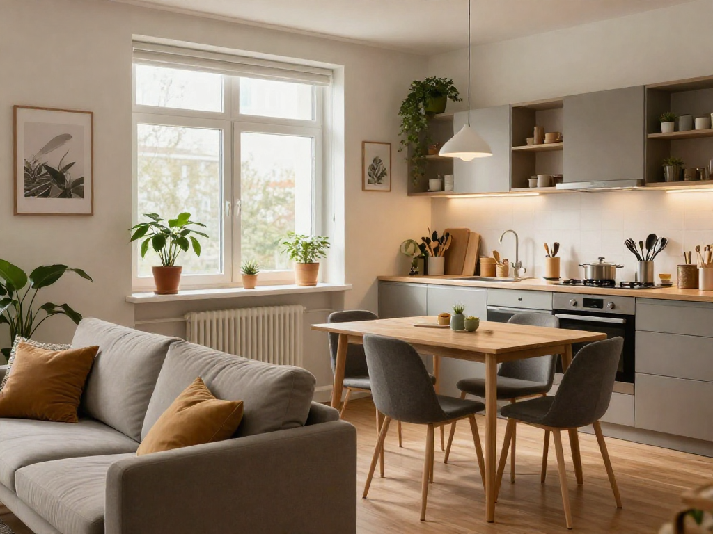 Gemütliche Monteurwohnung Hannover mit voll ausgestatteter Küche und stilvollem Wohnzimmer in warmem Licht.