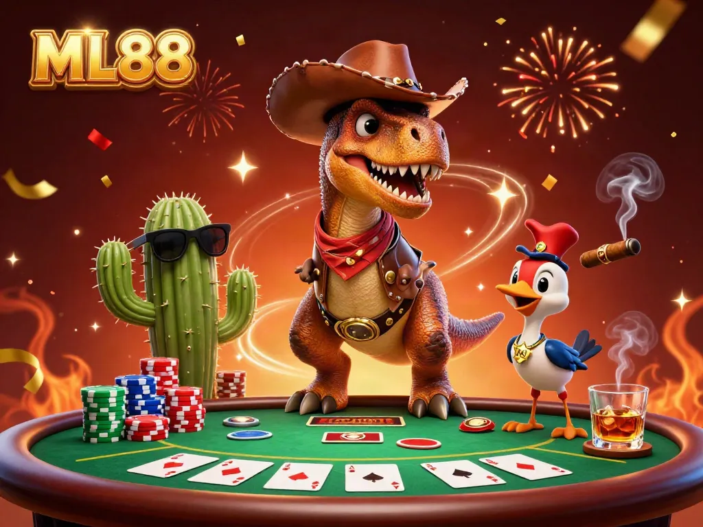 Engage in thrilling poker action with ML88's vibrant 3D casino scene featuring a T-Rex and friends.