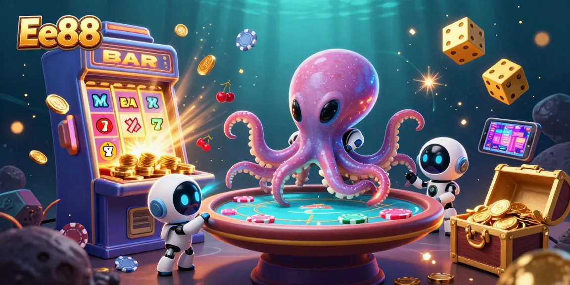 Experience thrilling gameplay with Ee88's alien octopus dealing poker amidst cosmic slot chaos.