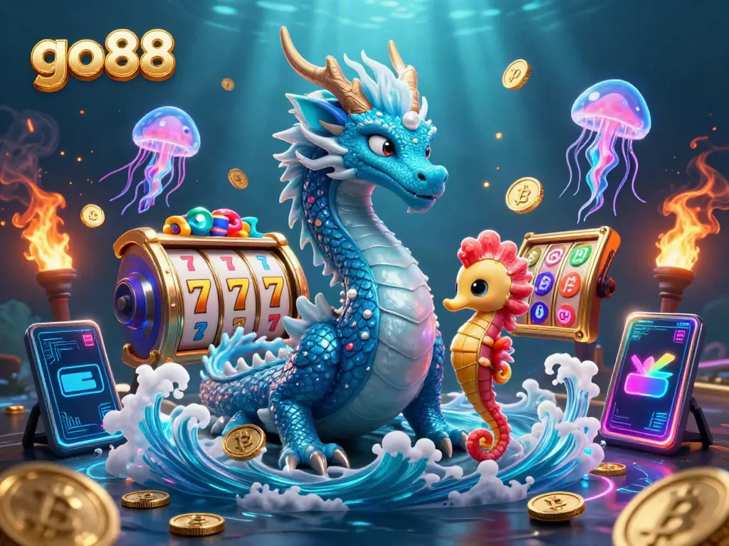 Experience the excitement of go88 with a vibrant underwater casino illustration featuring dynamic slot elements and a magical sea dragon.