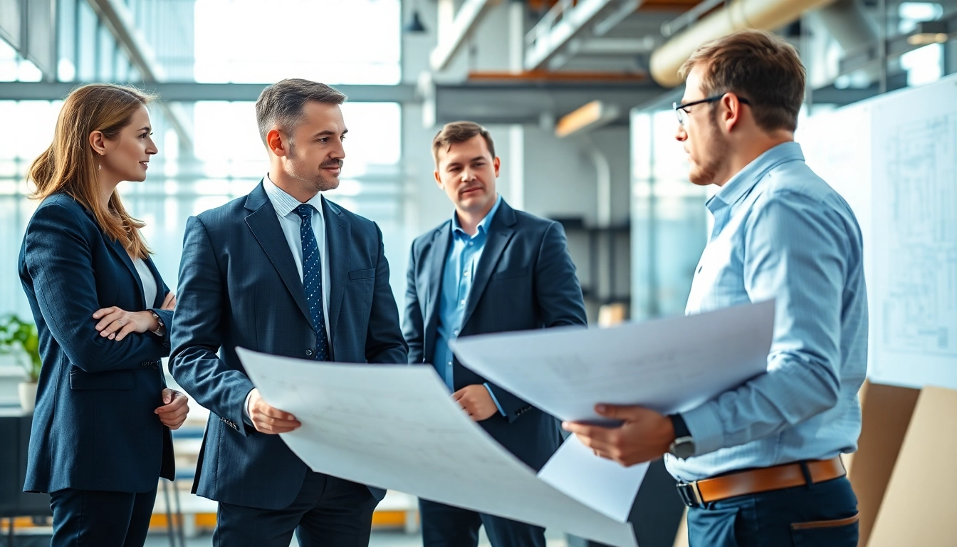Headhunter Ingenieure beraten in einem modernen Büro mit Plänen und technischen Zeichnungen.