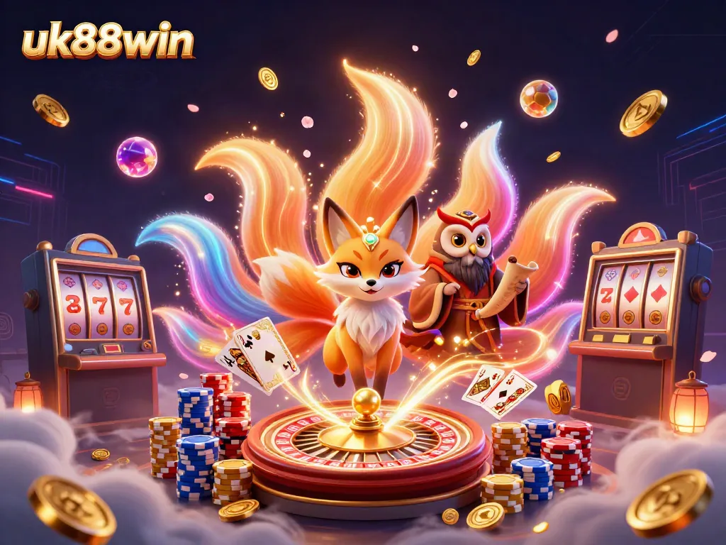 Experience the magic of uk88win with a vibrant scene featuring a nine-tailed fox and an owl surrounded by casino elements.