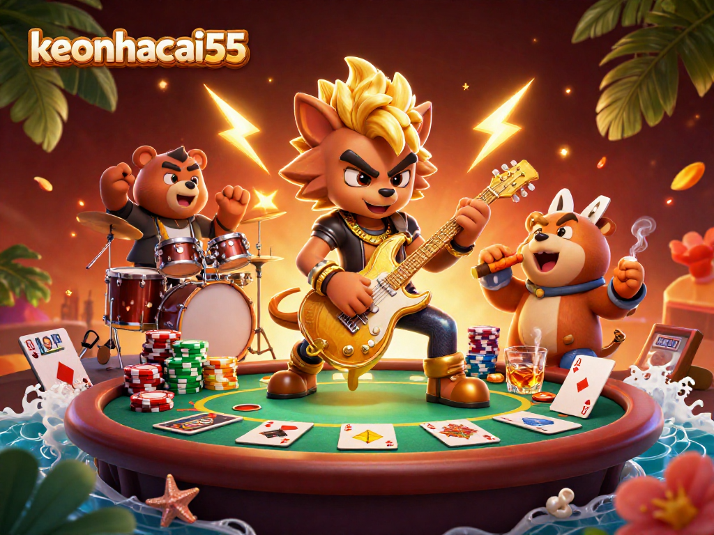 Experience the excitement of keonhacai55 with a dynamic illustration featuring vibrant characters and poker action.