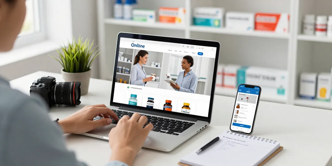 Durchstöberung des Medi Pharma Shops online nach Gesundheitsprodukten in einem hellen, modernen Arbeitsplatz.