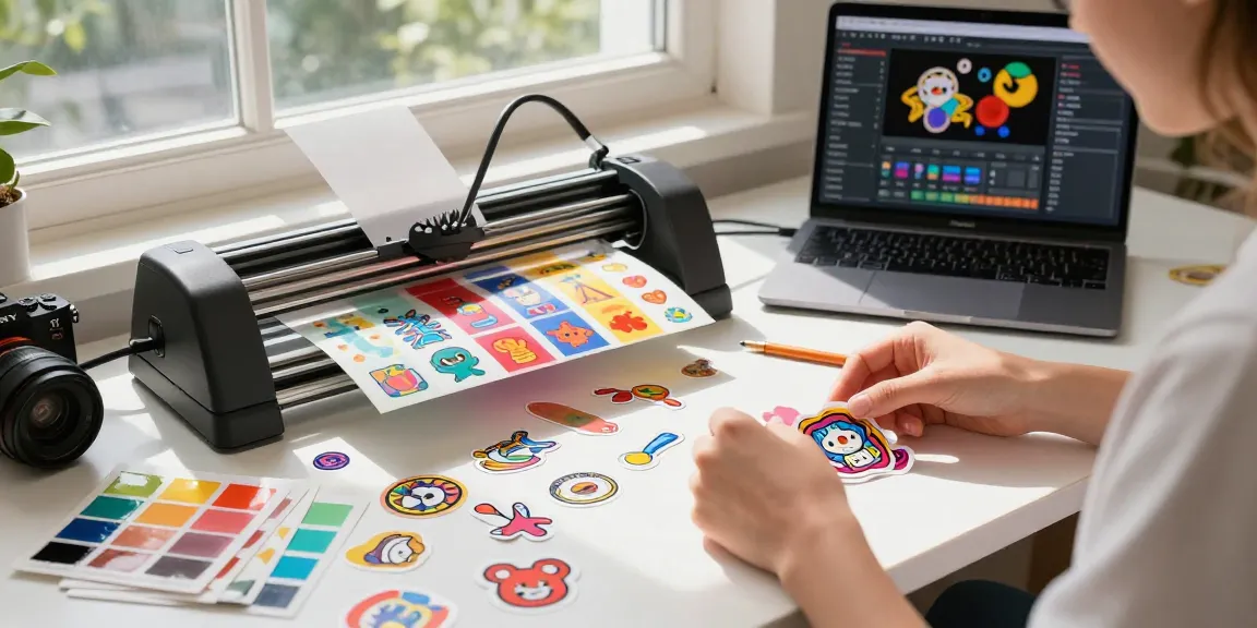 Designer creating custom stickers with colorful materials in a vibrant workspace.