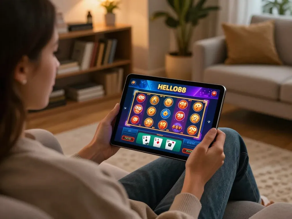 Engaging with the HELLO88 casino app on a tablet in a modern living room setting