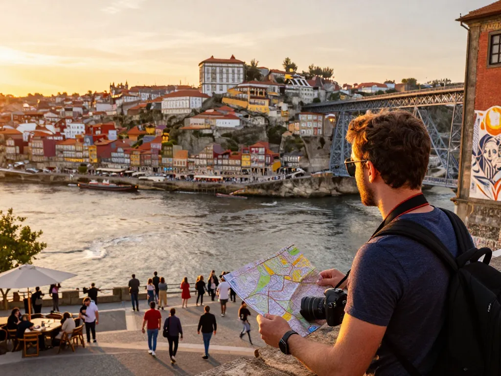 Reisetipps Porto - Reisender bei Sonnenuntergang auf der Ponte Dom Luís I mit Blick auf den Douro-Fluss.