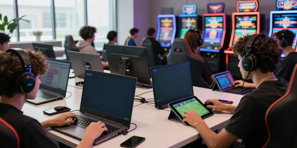 Players enjoying online games and sports betting at Man88's modern gaming lounge.