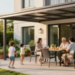 Familie unter modernen Terrassenüberdachungen auf sonniger Terrasse genießt Zeit zusammen.